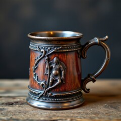 Ornate Copper and Wood Mug on Rustic Wooden Surface