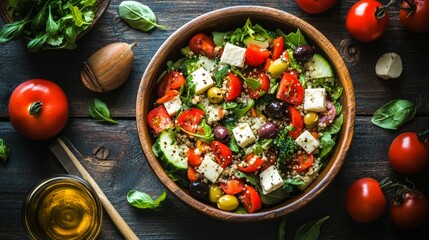Fresh salad with tomatoes, cheese and herbs in a wooden bowl. Suitable for cooking blogs, restaurant menus and articles about healthy eating.