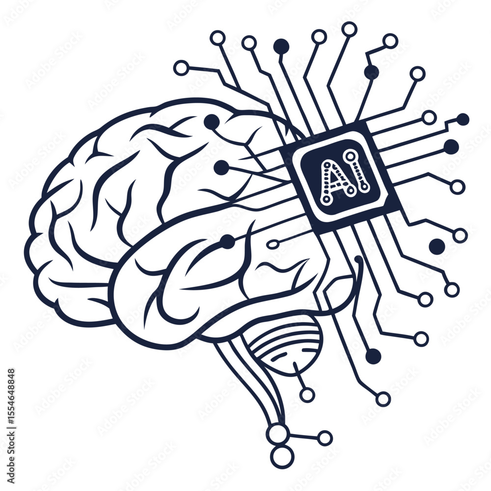 Poster vector ai chip brain icon on a white background, symbolizing artificial intelligence and advanced pr