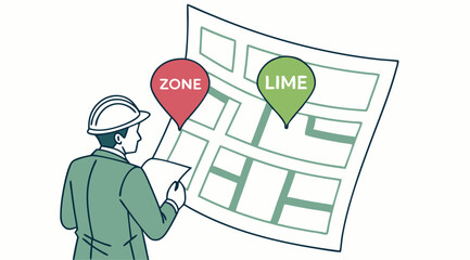 Urban Planner with City Zoning Map and Area Markers – Vector Illustration