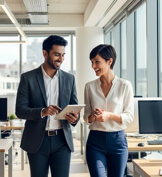 Executives team of two business people working talking using tablet tech walking in corporate office. Happy professional smiling businessman and businesswoman having conversation at work. Candid photo