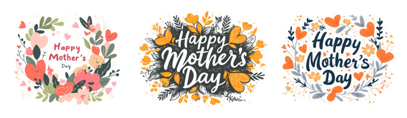 Obraz premium Happy Mothers Day greeting card set with flat floral wreath designs. Three decorative illustrations feature pastel hearts, blossoms, and leaves. Vector artwork clean lines and modern minimal style.