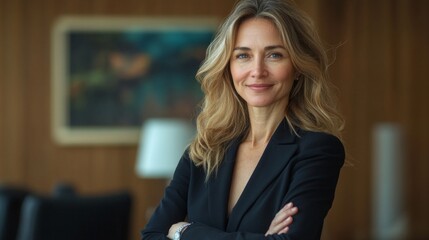 A woman in a business suit with a smile on her face stands in an office with her arms crossed. Useful for articles on leadership and professional environment.