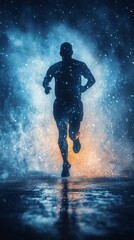 Silhouette of a man running through water splashes against a background of bright light, creating a dramatic effect. Suitable for advertising sportswear and accessories,  