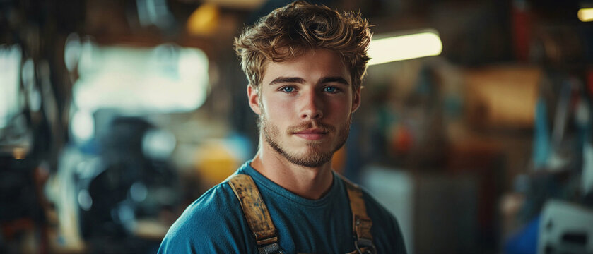 Young man in work clothes in a workshop, useful for articles on crafts and professional activities.