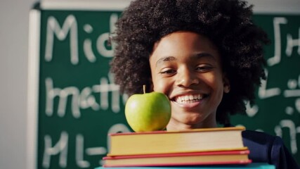 Young student with a big afro hairstyle smiling at the camera, holding a green apple on a stack of books in a classroom with math equations written on the chalkboard - Powered by Adobe
