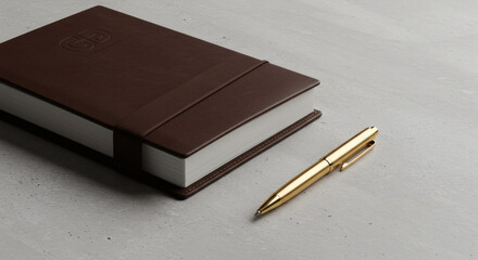 Elegant Brown Leather Notebook and Gold Pen on Concrete Desk Business Office Supplies Stationery