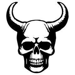 Demonic Horned Skull Stencil - Gothic Black and White Evil Skull Vector with Curved Horns for Tattoos, Dark Art, and Horror-Themed Designs