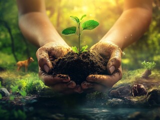 Two hands of the men was carrying a bag of potting seedlings to be planted into the soil.