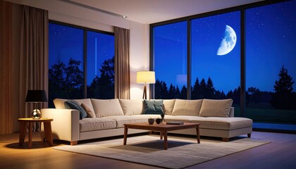 Cozy living room with modern furniture, large windows showing a night sky and moon outside