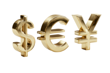 3D Gold Currency Symbols isolated on transparent background