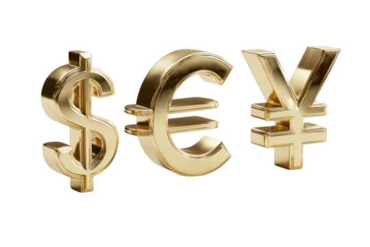 3D Gold Currency Symbols isolated on transparent background - Powered by Adobe