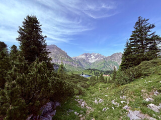 Bergsee in der Ferne, eingebettet in alpine Landschaft (Bregenzerwald, Vorarlberg)