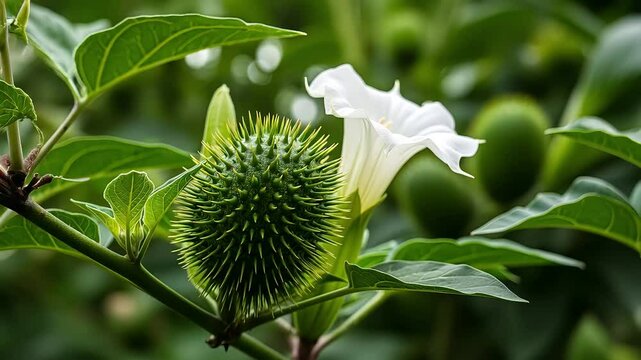 Closeup of thorny green seed pod and trumpet-shaped white flower of Datura stramonium in lush foliage. Concept toxic plant guide, botanical warnings, garden safety, herbal toxicology visuals