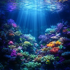 Naklejka premium Vibrant undersea coral reef illuminated by radiant beams of sunlight