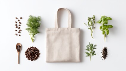 The scene is set with a reusable tote bag, a bowl of fresh green salad, a wooden spoon, and small bowls of natural ingredients, all arranged on a pristine white surface in an eco-friendly flat lay