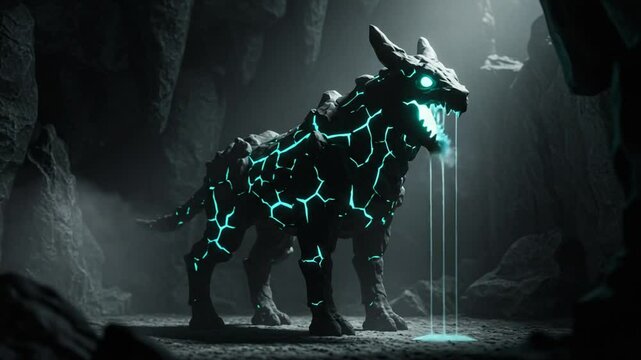 Glowing Monster Creature Breathing in Dark Cave Environment