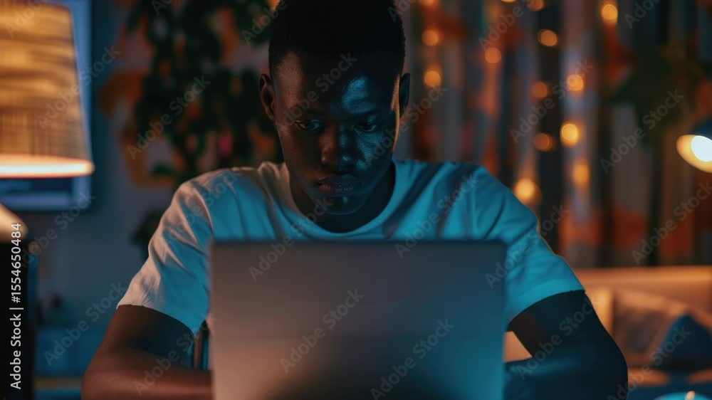 Poster a person seated at a desk with a laptop open