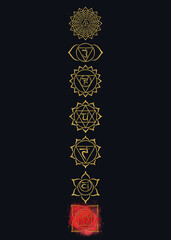 Ready-made greeting card template on black background with 7 golden chakra symbols and root chakra on watercolor red blobs and splatter. Hand-drawn illustration for Ayurveda posters, covers design