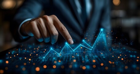 Finger guiding a glowing blue upward trend line with bokeh light