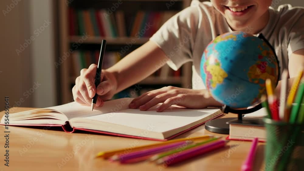 Poster elementary student writing in notebook near globe, colored pencils surrounding, bookshelves visible 