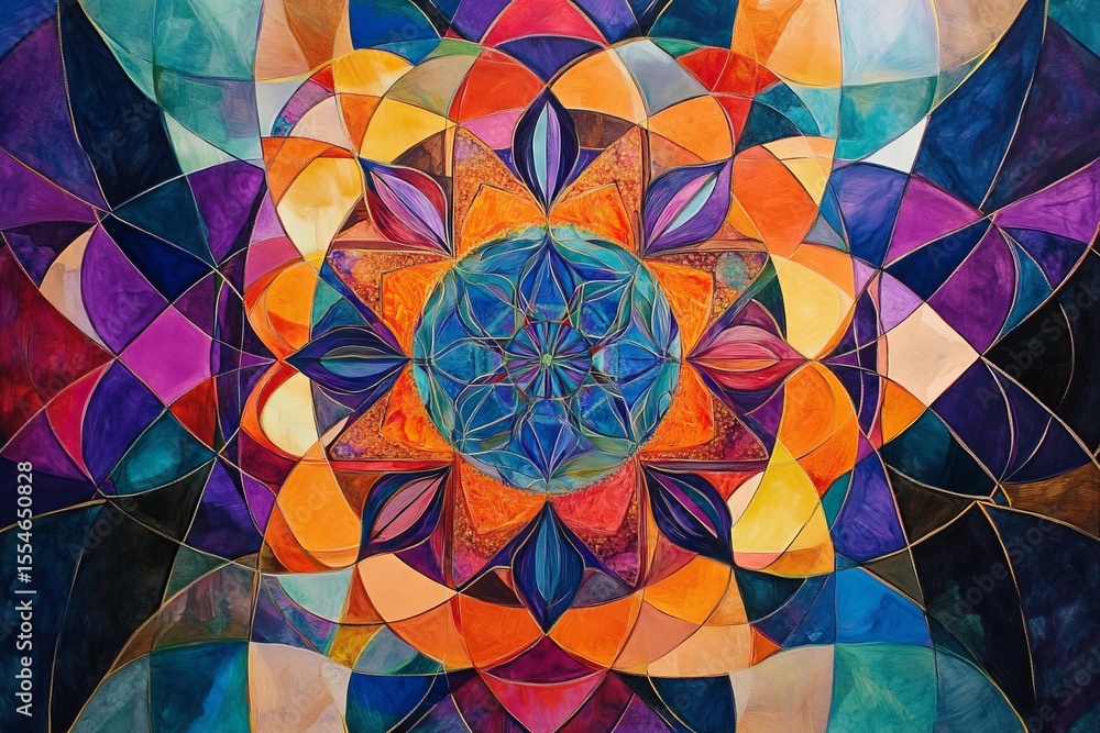 Poster abstract colorful geometric pattern with circular center design and vibrant hues.