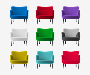 Color armchair set. Soft piece of furniture, front view