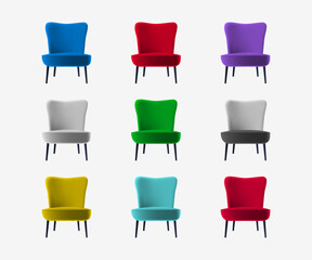Color soft chair set. Soft piece of furniture, front view