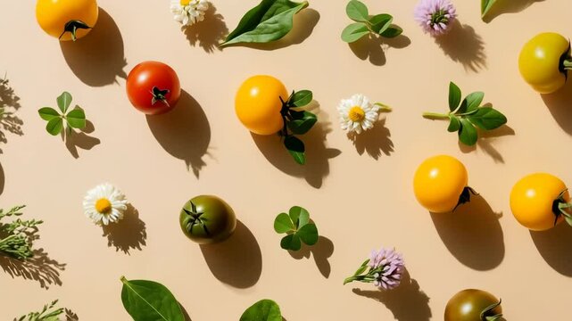 Colorful Cherry Tomato and Herb Pattern on Beige Surface with Natural Light
