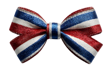 Patriotic ribbon bow tie, red white and blue color design with American flag star pattern. Cut-out, isolated on transparent background with clipping path.