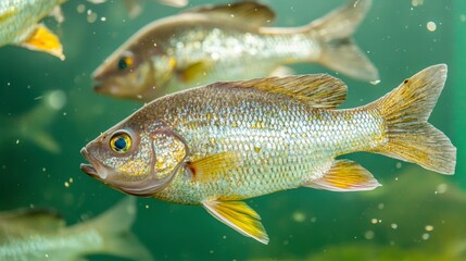 Fototapeta premium Close-up of a golden-colored fish swimming underwater among others, exhibiting vibrant scales and fins.