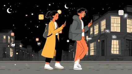 Man and woman 2d art walking in the night together while using their smartphone scrolling social media, background contains various social media application icons - Powered by Adobe