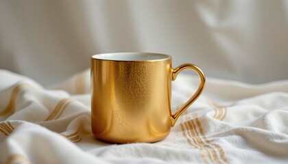 Gold Textured Porcelain Mug on White Fabric