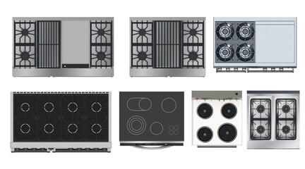 Top View of Modern Stove and Cooktop Designs Collection. Top-down view of various modern stove and cooktop designs, including gas, electric, and induction models