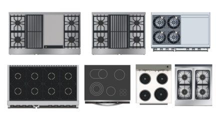 Top View of Modern Stove and Cooktop Designs Collection. Top-down view of various modern stove and cooktop designs, including gas, electric, and induction models