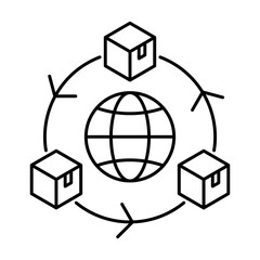 Logistics Distribution Network line icon. Vector illustration. Global Supply chain. Symbol illustrates worldwide shipping, freight, delivery, warehouse operations, inventory management, transportation