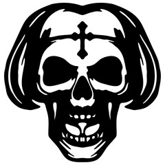 Fototapeta premium Skull with Crossed Horns Stencil - Bold Black and White Tribal Skull Vector for Tattoos, Gothic Designs, Streetwear, and Dark-Themed Artworks