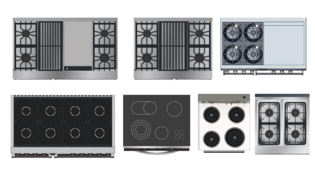 Top View of Modern Stove and Cooktop Designs Collection. Top-down view of various modern stove and cooktop designs, including gas, electric, and induction models