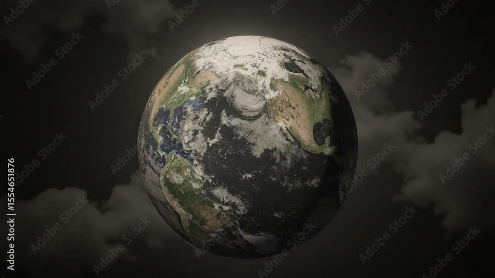 Poster earth globe rotating with clouds on dark background animation