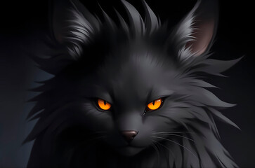 AI-generated image. Intense black cat with fiery orange eyes staring intensely in the dark, digital painting