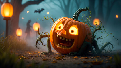 AI-generated image. A jack-o'-lantern. Lanterns light up the foggy background, creating a spooky Halloween atmosphere.