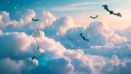 AI-generated image. Dreaming of Halloween pumpkins Several white pumpkins float in a sky full of fluffy white clouds. Bats are also flying around in the blue sky