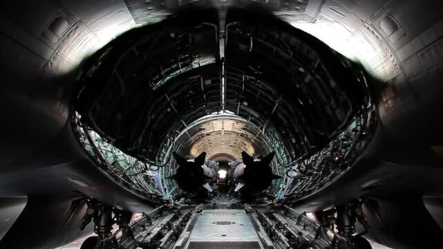 Inside of a Lockheed C130J Super Hercules cargo bay; suitable for aviation, military, transportation, and industrial themes.