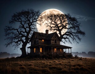 Halloween Scene: Deserted Farmhouse with Bare Trees & Full Moon