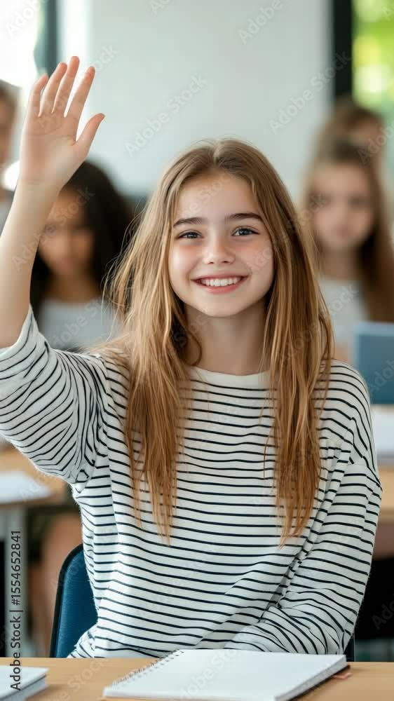 Poster elementary school student raising her hand and smiling brightly, engaging with classmates and teache