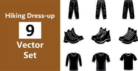 Collection of black silhouette hiking apparel including pants boots and shirts isolated on transparent background 