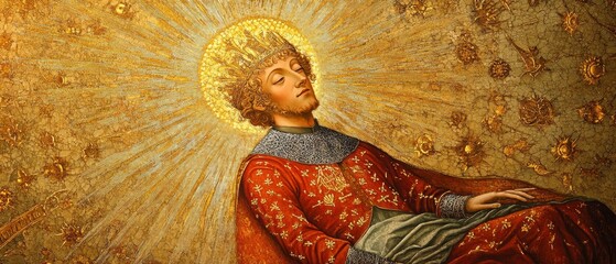 Painting shows a person with a halo in red clothing against golden background.