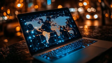 Global connection displayed on laptop outdoors at night