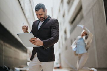 Businessman expressing excitement at work success with a digital tablet outdoors while a joyful...