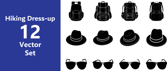 Collection of hiking gear silhouettes including backpacks hats and sunglasses isolated on transparent background 
